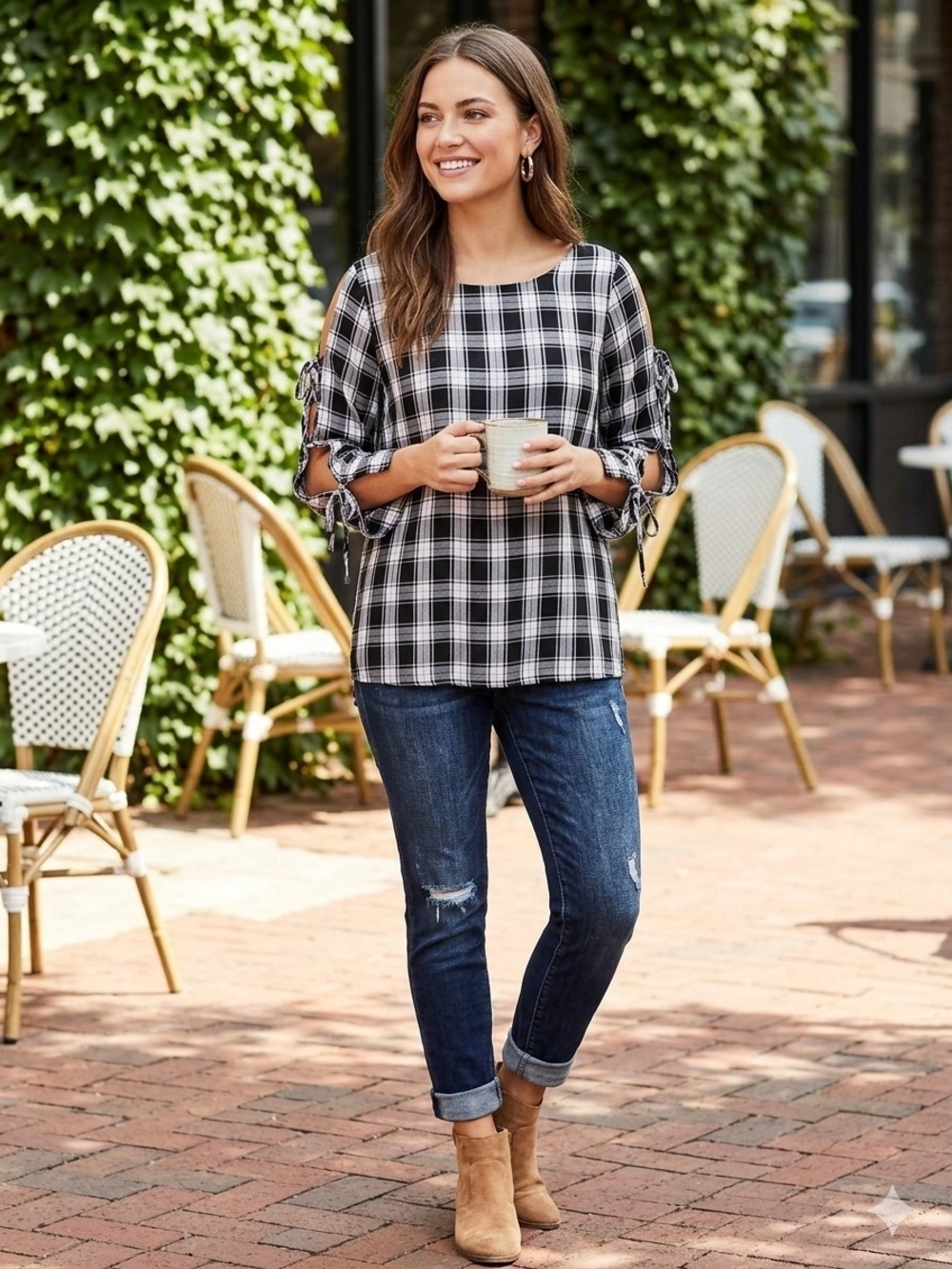 LOFT Plaid Cold Shoulder Tie Sleeve Blouse Black White Large
